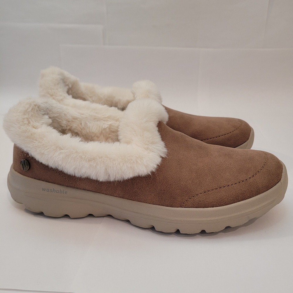 Skechers GO Walk Lounge Mules Women Size 6 Chestnut Brown‎ Faux Fur Trim 175057